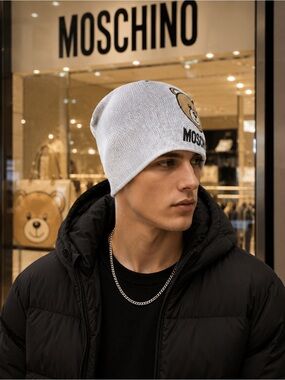 Moschino Metallic Silver Teddy Bear Logo Knit Beanie.NWT